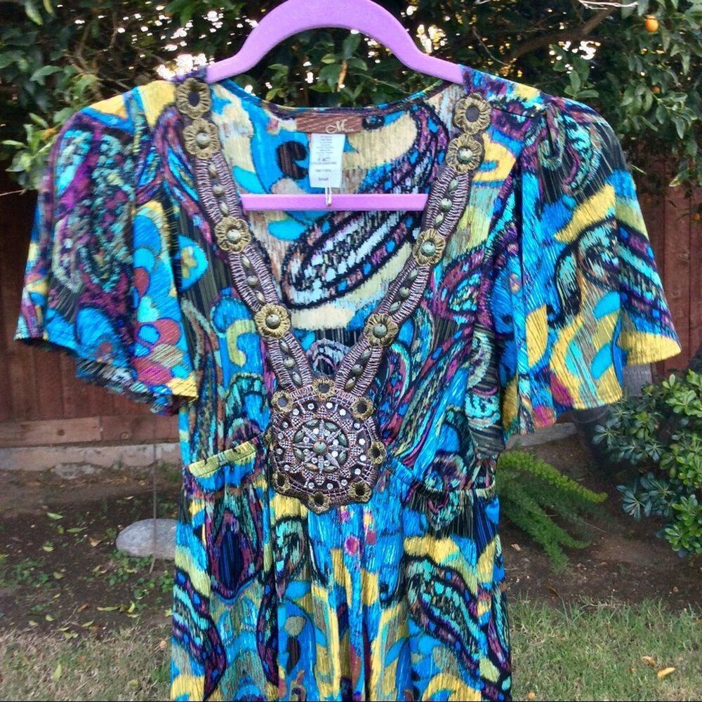 VTG 90s UNWORN BOHO PRINT DRESS W/EMBELLISHED NECKLINE S